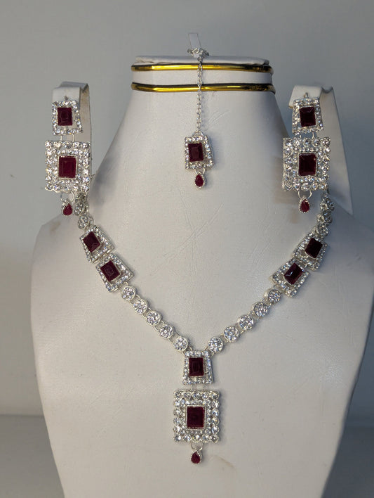 Luxury Maroon Necklace Set with Earrings and bindi