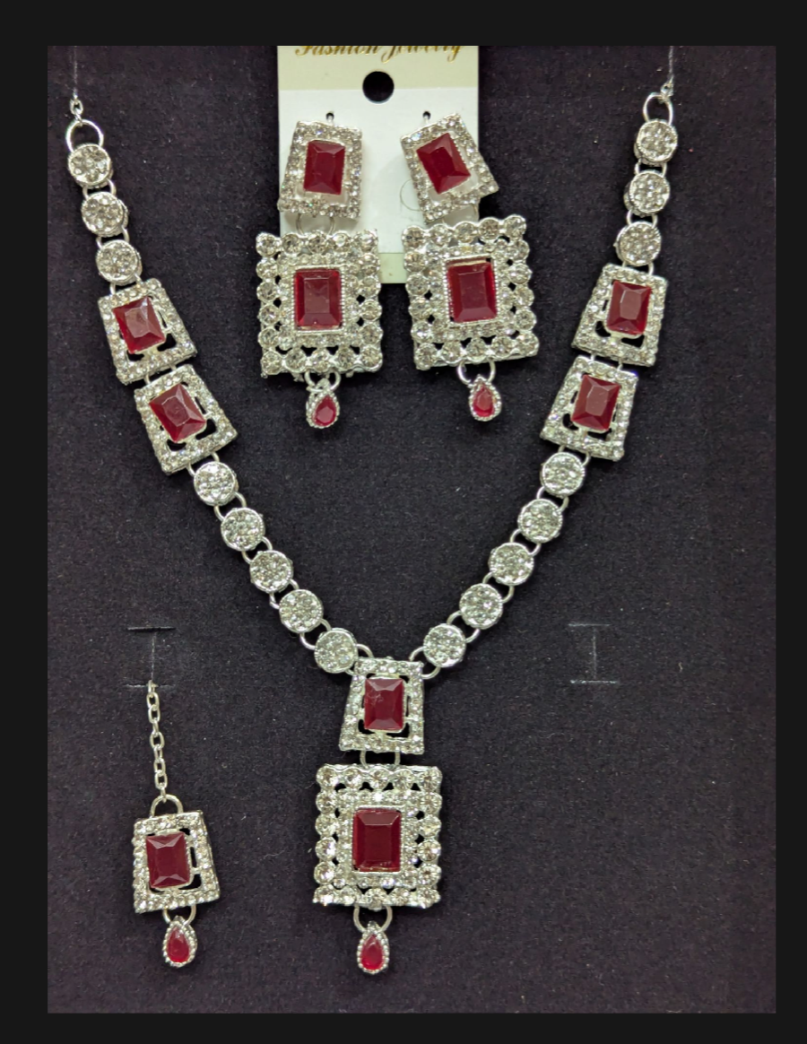 Luxury Maroon Necklace Set with Earrings and bindi
