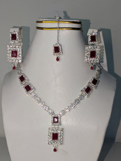 Luxury Maroon Necklace Set with Earrings and bindi
