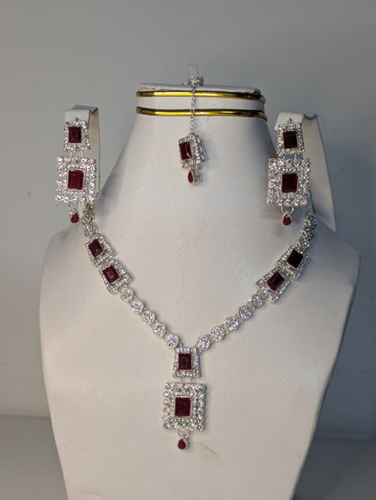 Luxury Maroon Necklace Set with Earrings and bindi