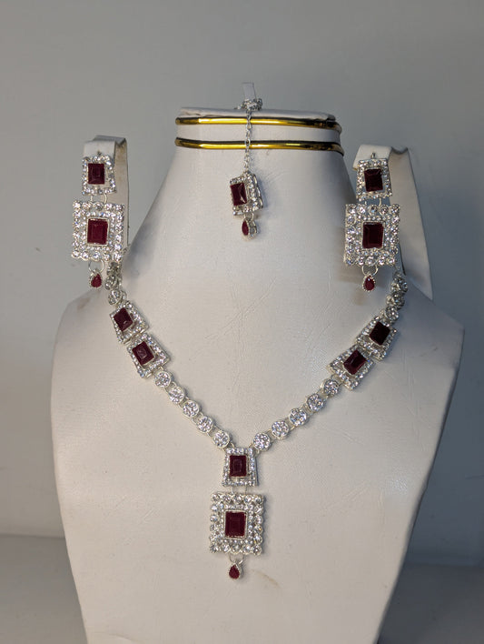 Luxury Maroon Necklace Set with Earrings and bindi
